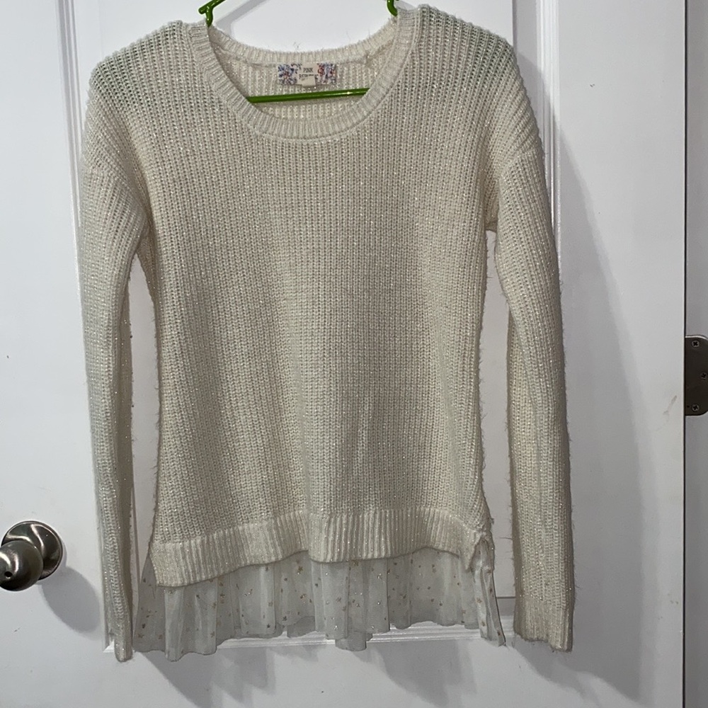 Simple Lace Bottom Cream Long Sleeve Sweater